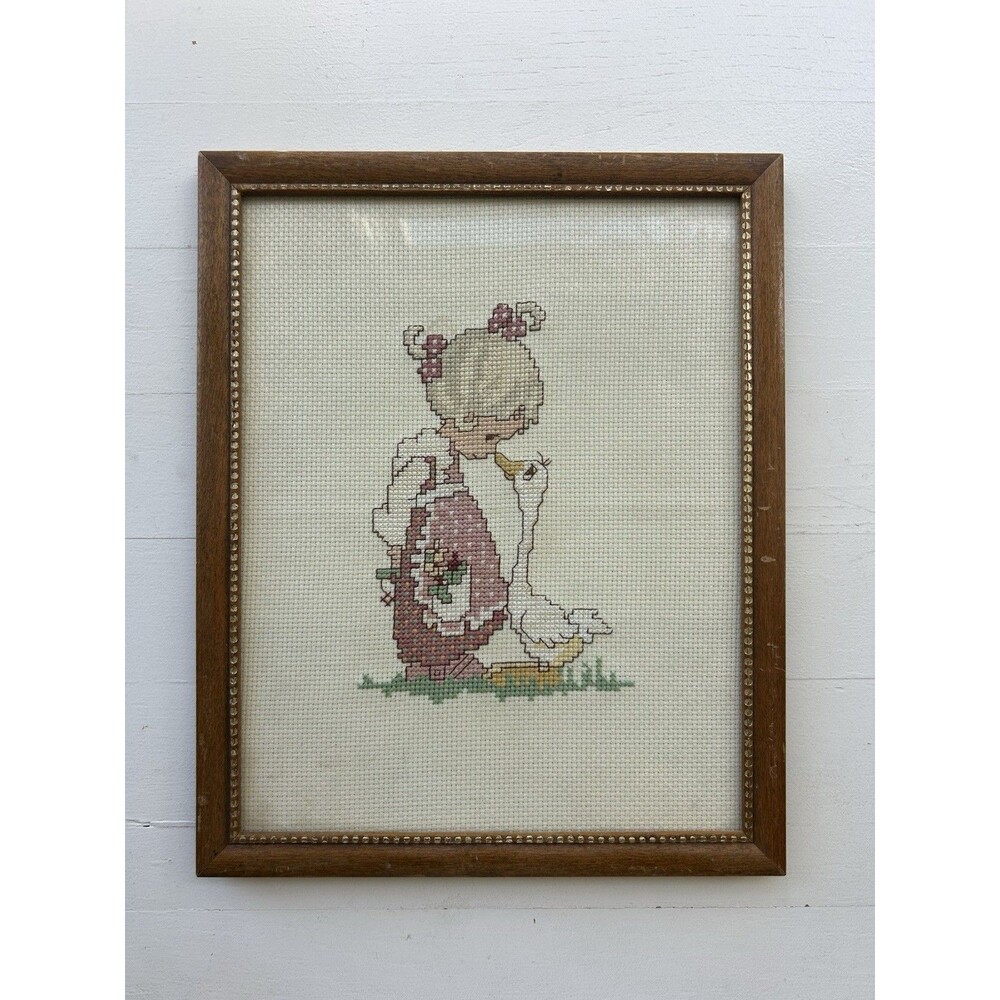 Finished Vintage Needlepoint Framed Matted Girl & Goose Precious Moments